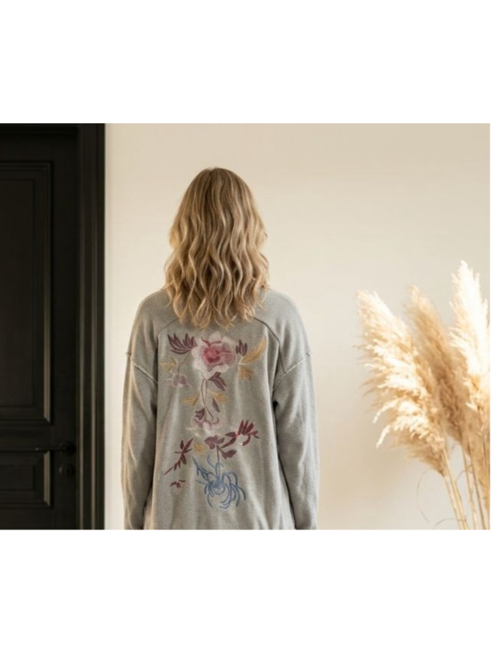 Anthropologie Aratta Gray Embroidered Cardigan Sweater Quiet Luxe Cozy Layering